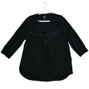 Moda International Silk Blouse with Roll Tab Sleeves Women’s Size Medium Black‎
